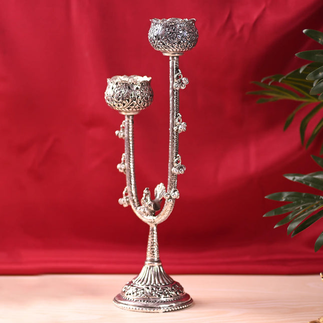 Brass Silver Plated Candle Stand with Ghungroo (13.5 Inch)