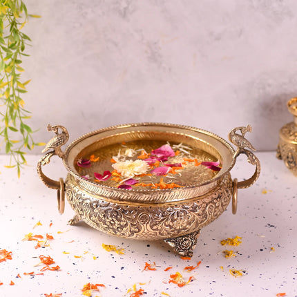 Brass Majestic Peacock Urli (4.5 Inch)