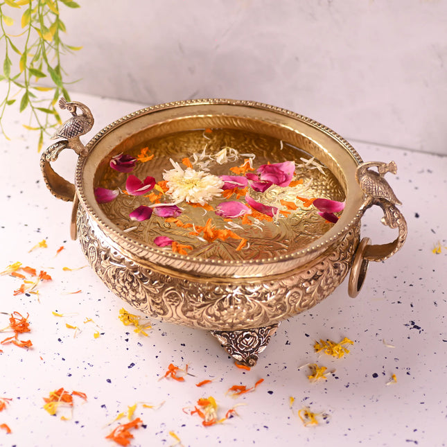 Brass Majestic Peacock Urli (4.5 Inch)