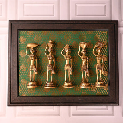 Brass Tribal Lady Wall Hanging Set Of Five with Wooden Frame (14 Inch)