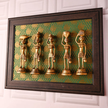 Brass Tribal Lady Wall Hanging Set Of Five with Wooden Frame (14 Inch)