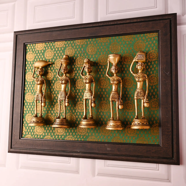 Brass Tribal Lady Wall Hanging Set Of Five with Wooden Frame (14 Inch)