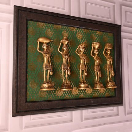 Brass Tribal Lady Wall Hanging Set Of Five with Wooden Frame (14 Inch)
