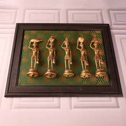 Brass Tribal Lady Wall Hanging Set Of Five with Wooden Frame (14 Inch)