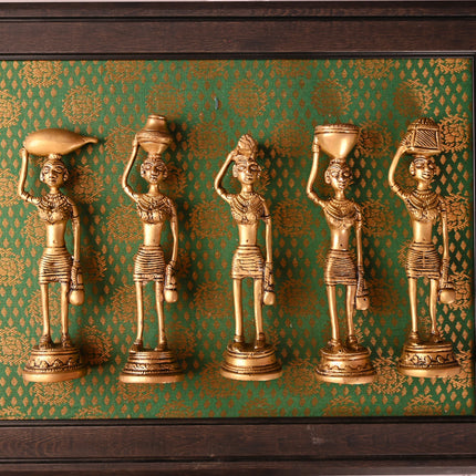 Brass Tribal Lady Wall Hanging Set Of Five with Wooden Frame (14 Inch)