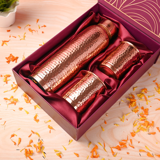 Copper Premium Lemon F/H Hammered Bottle with Glass Set – Handmade Gift Box