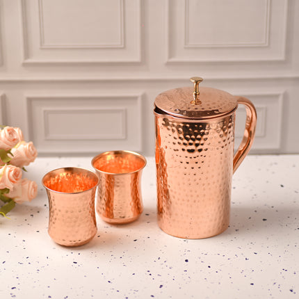 Copper Hammered Design Jug with Four Glass Set – Elegant Traditional Serveware (8.8 Inch)