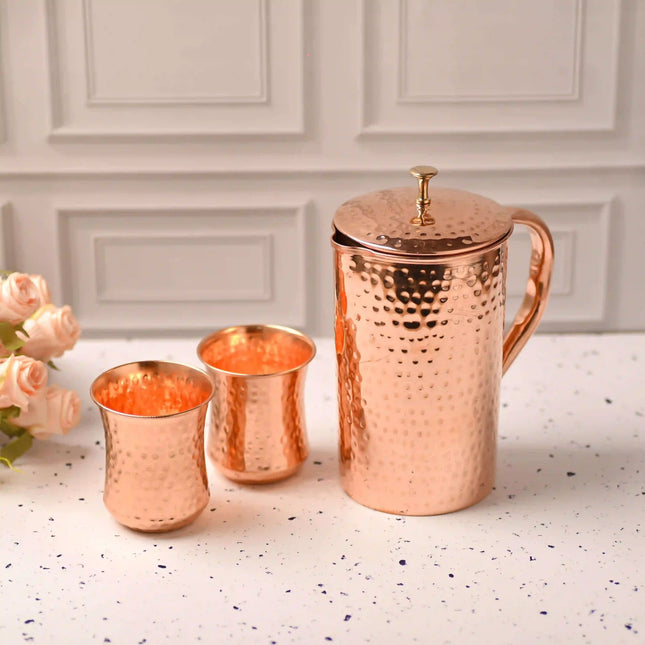 Copper Hammered Design Jug with Four Glass Set (8.8 Inch)