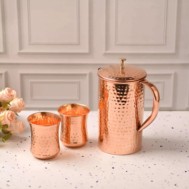 Copper Hammered Design Jug with Four Glass Set (8.8 Inch)