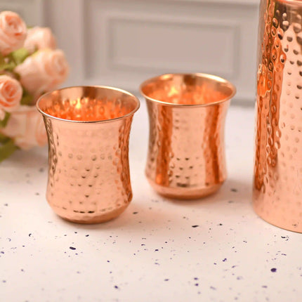 Copper Hammered Design Jug with Four Glass Set (8.8 Inch)