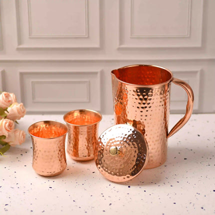 Copper Hammered Design Jug with Four Glass Set (8.8 Inch)