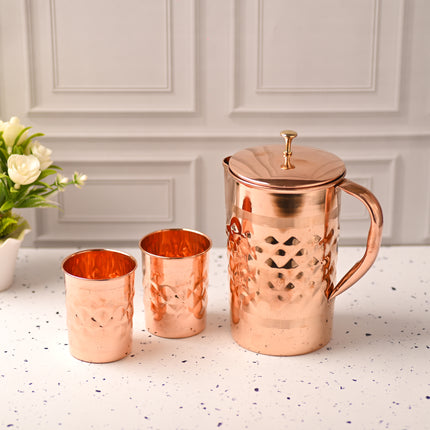 Copper Diamond Design Jug with Four Glass set – Elegant Traditional Serveware (8.8 Inch)