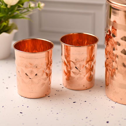 Copper Diamond Design Jug with Four Glass set – Elegant Traditional Serveware (8.8 Inch)