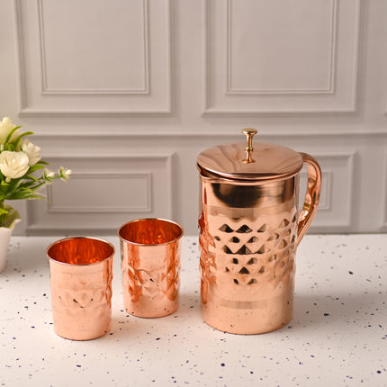 Copper Diamond Design Jug with Four Glass set – Elegant Traditional Serveware (8.8 Inch)