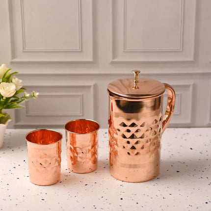 Copper Diamond Design Jug with Four Glass set (8.8 Inch)