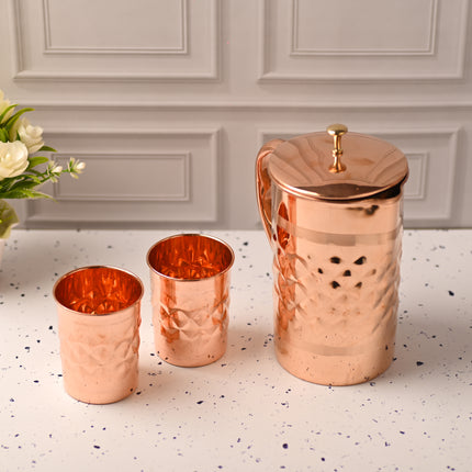 Copper Diamond Design Jug with Four Glass set – Elegant Traditional Serveware (8.8 Inch)