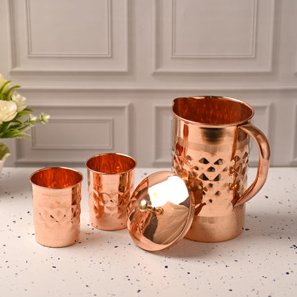 Copper Diamond Design Jug with Four Glass set – Elegant Traditional Serveware (8.8 Inch)