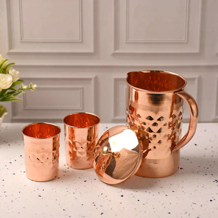 Copper Diamond Design Jug with Four Glass set (8.8 Inch)