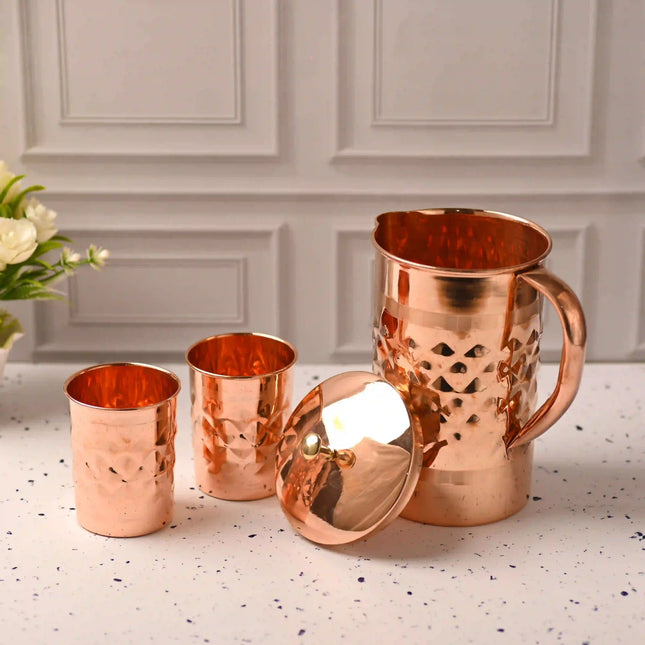 Copper Diamond Design Jug with Four Glass set (8.8 Inch)