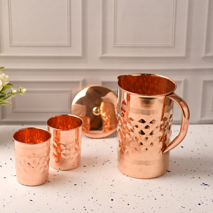 Copper Diamond Design Jug with Four Glass set – Elegant Traditional Serveware (8.8 Inch)