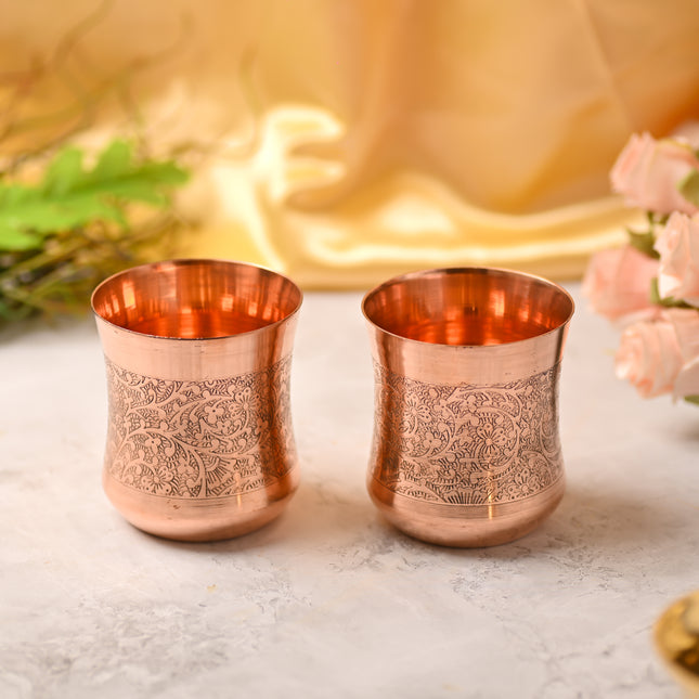 Copper Hand-Carved Glass Pair – Traditional Indian Drinkware (3.5 Inch)