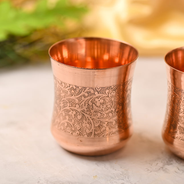 Copper Hand-Carved Glass Pair – Traditional Indian Drinkware (3.5 Inch)