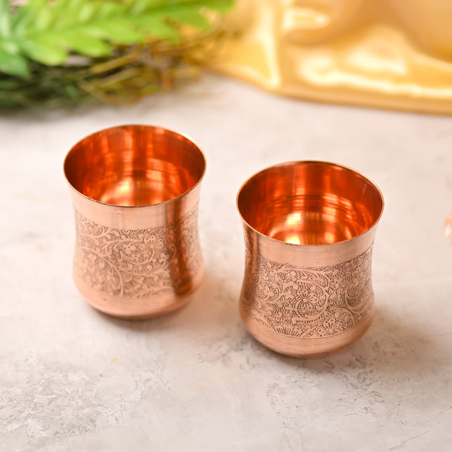 Copper Hand-Carved Glass Pair – Traditional Indian Drinkware (3.5 Inch)