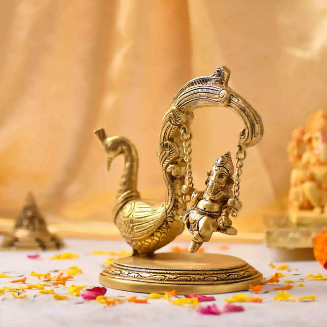 Brass Peacock Jhula with Ganesha Idol – Premium Decor (8 Inch)