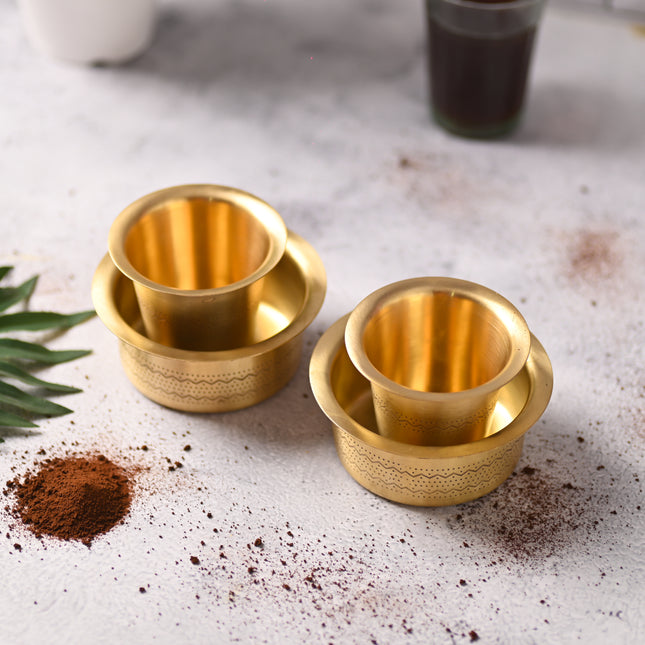 Brass Design Coffee Davara Pair – Traditional South Indian Brassware (2.5 Inch)