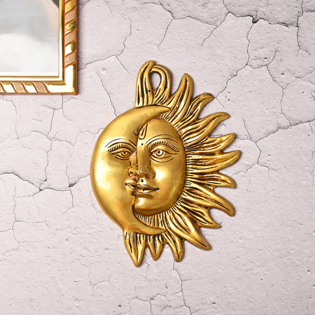 Brass Sun With Moon Wall Hanging – Handmade Premium Brass Decor (8.5 Inch)