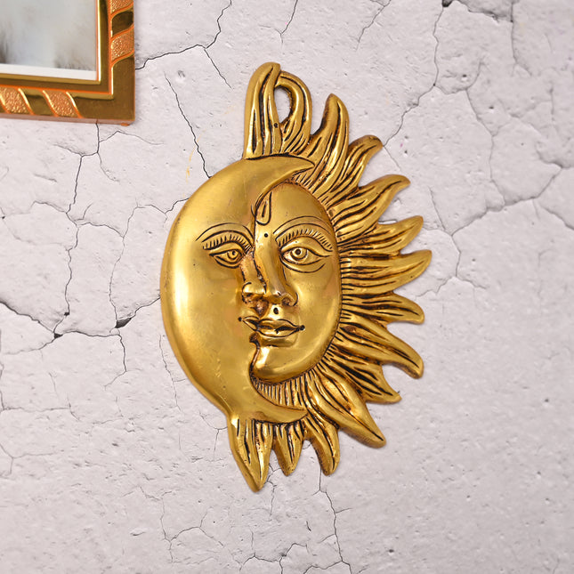 Brass Sun With Moon Wall Hanging – Handmade Premium Brass Decor (8.5 Inch)