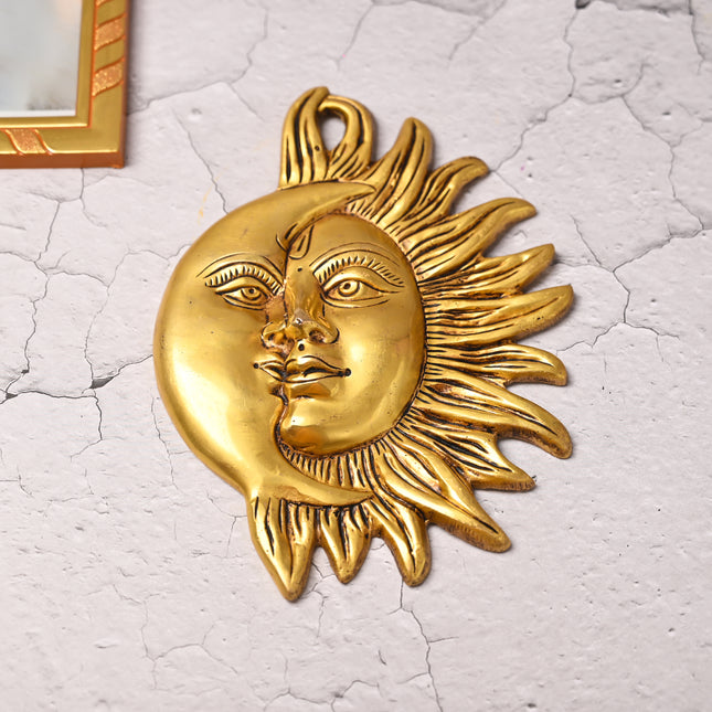 Brass Sun With Moon Wall Hanging – Handmade Premium Brass Decor (8.5 Inch)