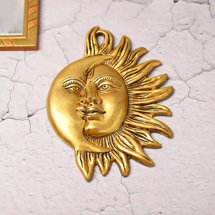 Brass Sun With Moon Wall Hanging – Handmade Premium Brass Decor (8.5 Inch)