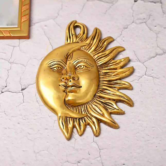 Brass Sun With Moon Wall Hanging – Handmade Premium Brass Decor (8.5 Inch)