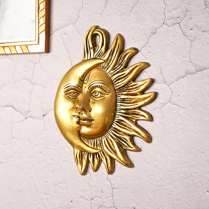 Brass Sun With Moon Wall Hanging – Handmade Premium Brass Decor (8.5 Inch)