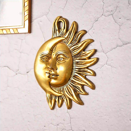 Brass Sun With Moon Wall Hanging – Handmade Premium Brass Decor (8.5 Inch)