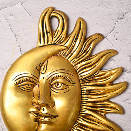 Brass Sun With Moon Wall Hanging – Handmade Premium Brass Decor (8.5 Inch)