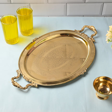 Brass Handcrafted Tray with Handle – Traditional Indian Serveware (18.9 Inch)