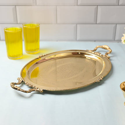 Brass Handcrafted Tray with Handle – Traditional Indian Serveware (18.9 Inch)