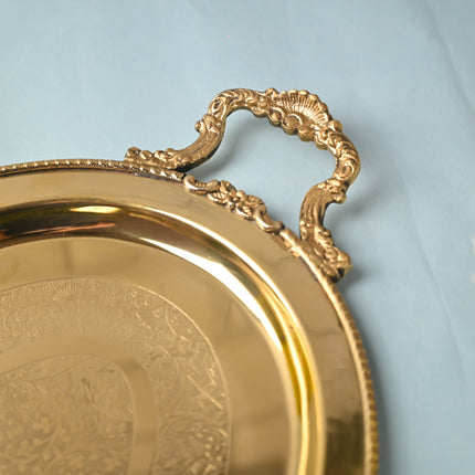 Brass Handcrafted Tray with Handle – Traditional Indian Serveware (18.9 Inch)