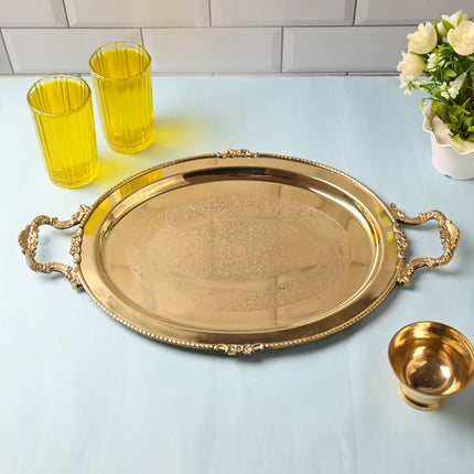 Brass Handcrafted Tray with Handle – Traditional Indian Serveware (18.9 Inch)
