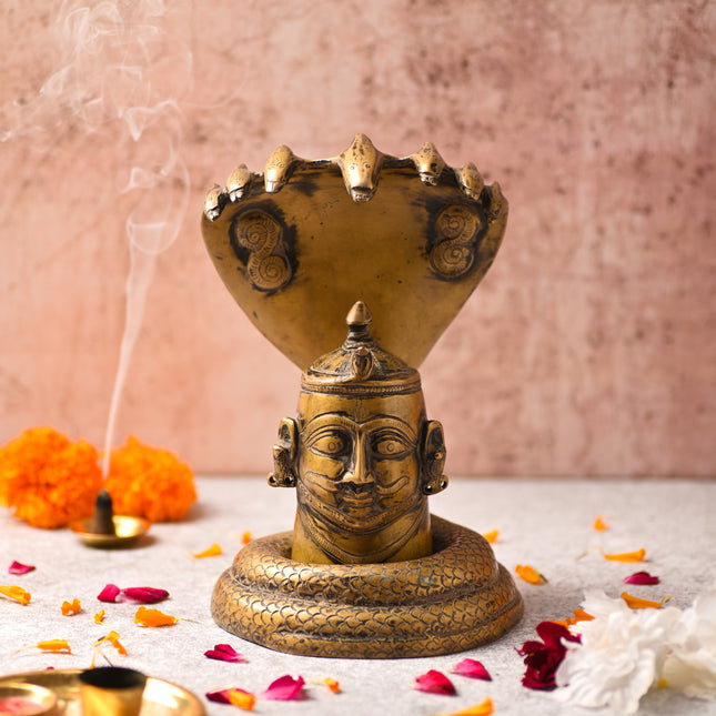 Brass Handcrafted Shiva Head with Sheshnaag – Divine Traditional Decor (9.5 Inch)