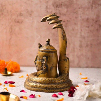 Brass Handcrafted Shiva Head with Sheshnaag (9.5 Inch)