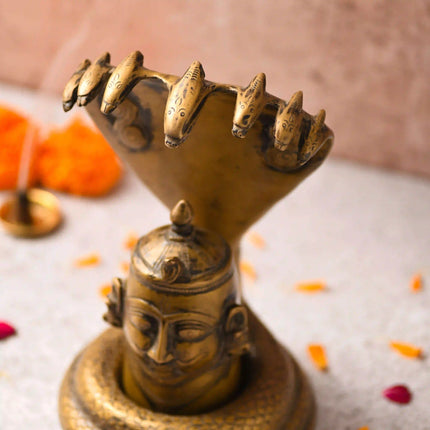 Brass Handcrafted Shiva Head with Sheshnaag (9.5 Inch)