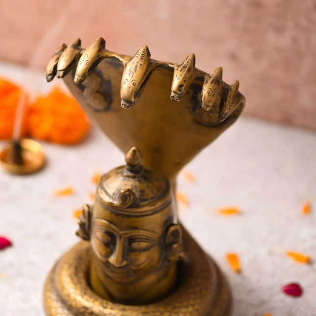 Brass Handcrafted Shiva Head with Sheshnaag (9.5 Inch)