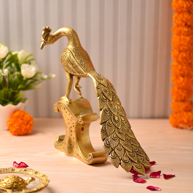 Brass Handcrafted Peacock Figurine – Traditional Indian Brass Decor (11 Inch)