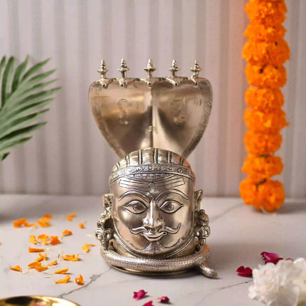 Brass Silver Plated Shiva Head with Sheshnaag (9.5 Inch)
