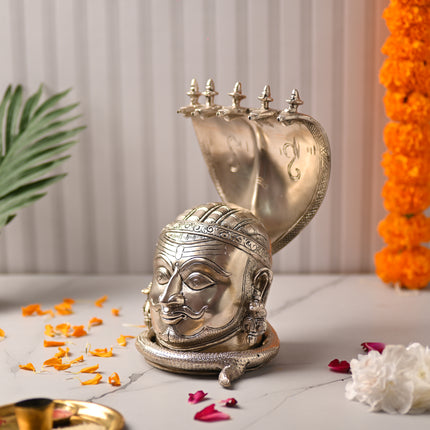 Brass Silver-Plated Shiva Head with Sheshnaag (9.5 Inch)