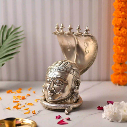 Brass Silver Plated Shiva Head with Sheshnaag (9.5 Inch)