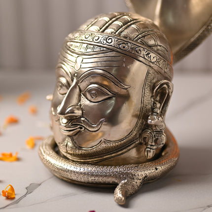 Brass Silver-Plated Shiva Head with Sheshnaag (9.5 Inch)